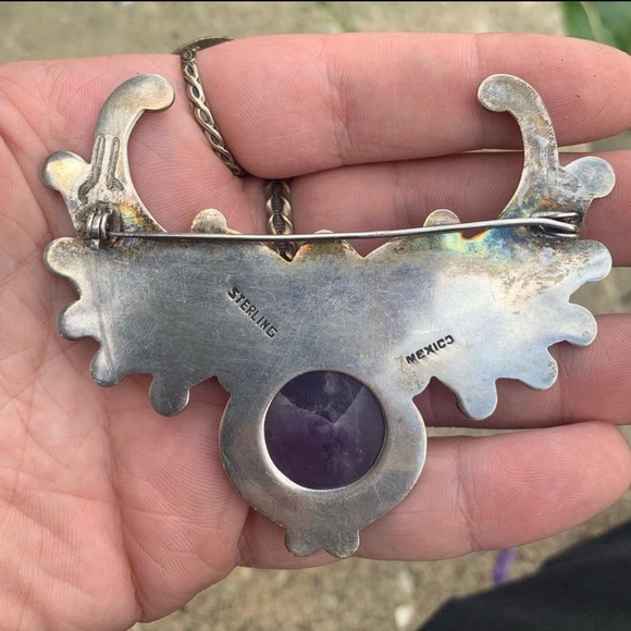 Sterling silver 925 Mexico old taxco owl brooch pin amethyst jelly belly - Picture 4 of 4